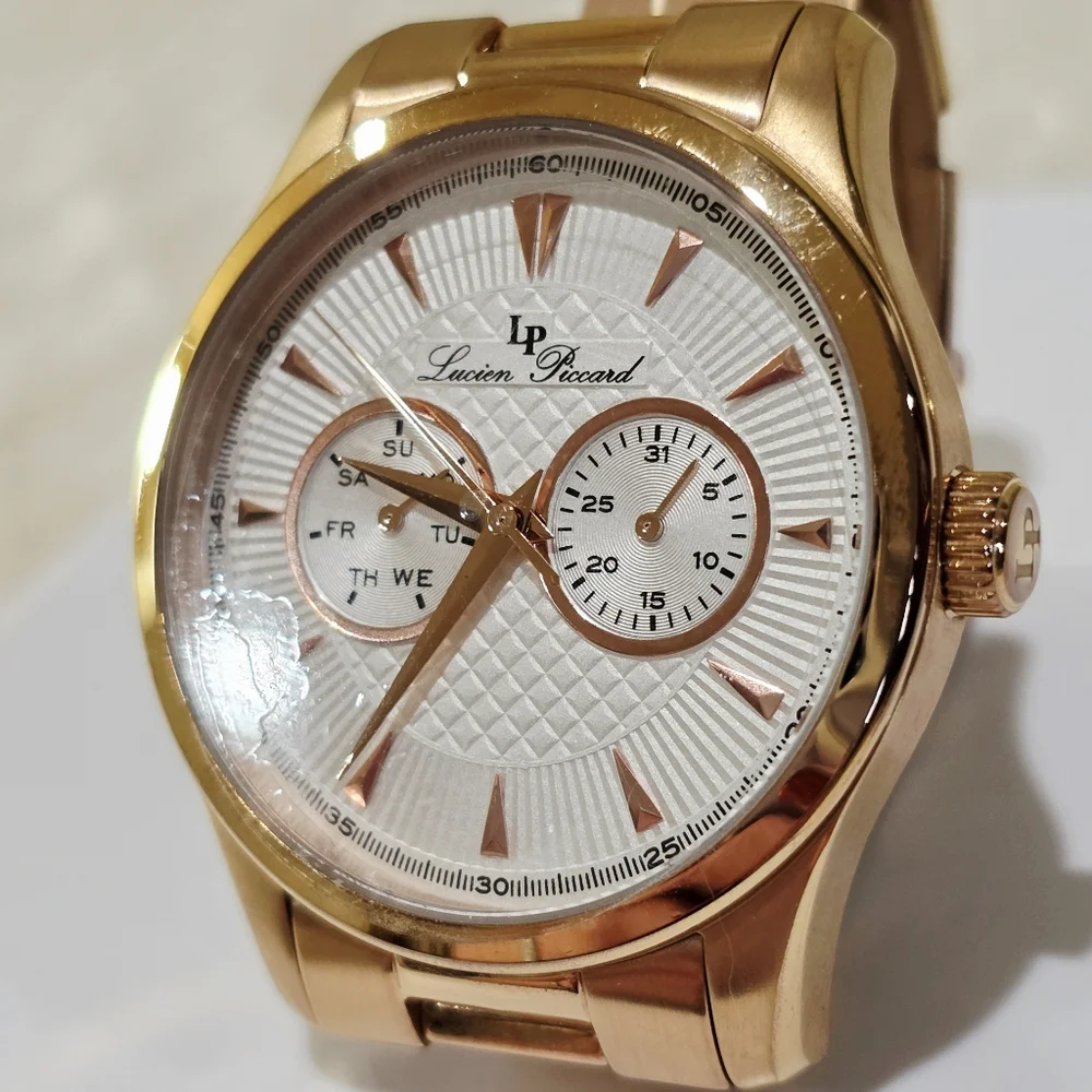 Lucien Piccard STELLAR Men's Wrist Watch Day Date Sub-Dials Rose Gold Pink